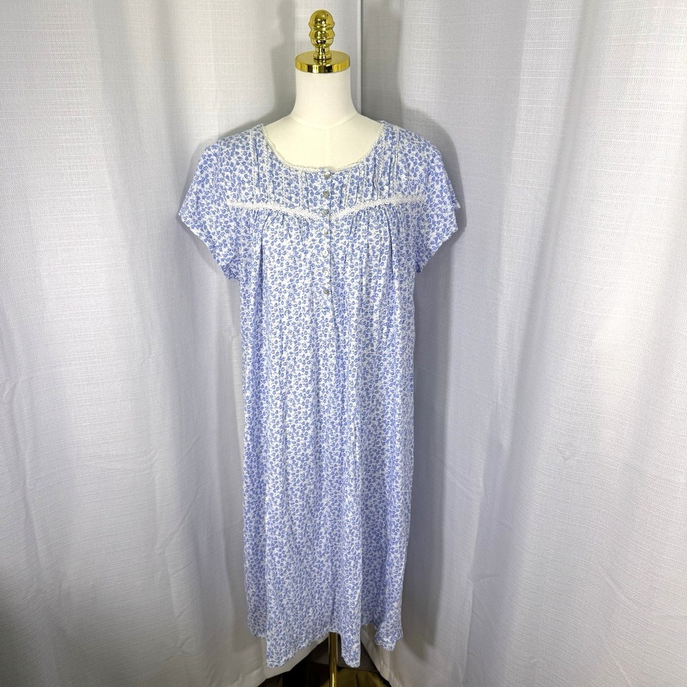 EILEEN WEST Nightgown Sleep Dress Size XL Blue Floral Cotton Cottagecore